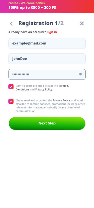 Casino Infinity registration process on mobile