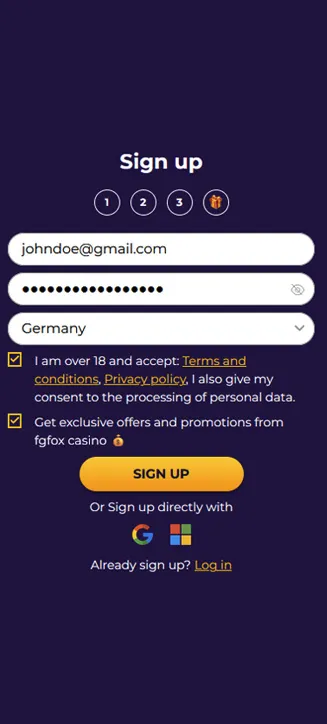 FgFox registration process on mobile