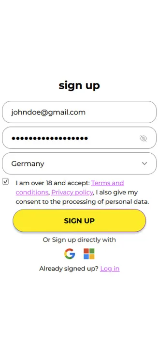 JackTop registration process on mobile