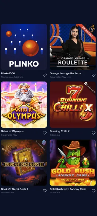 Nine Casino popular games on mobile